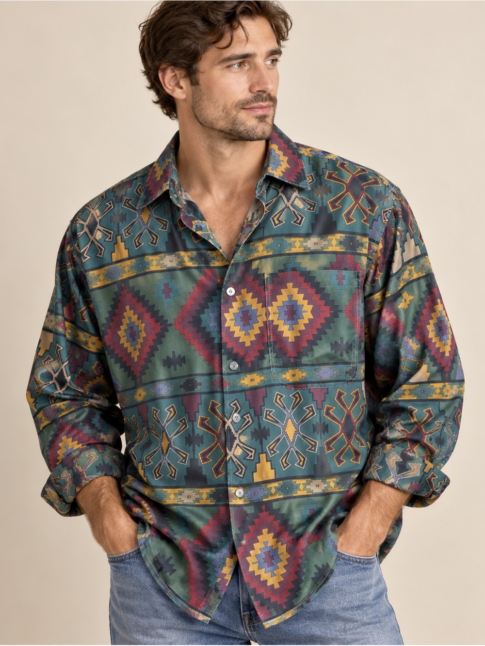 Structure Men’s M 100% Silk Southwestern Aztec Print Vintage Shirt